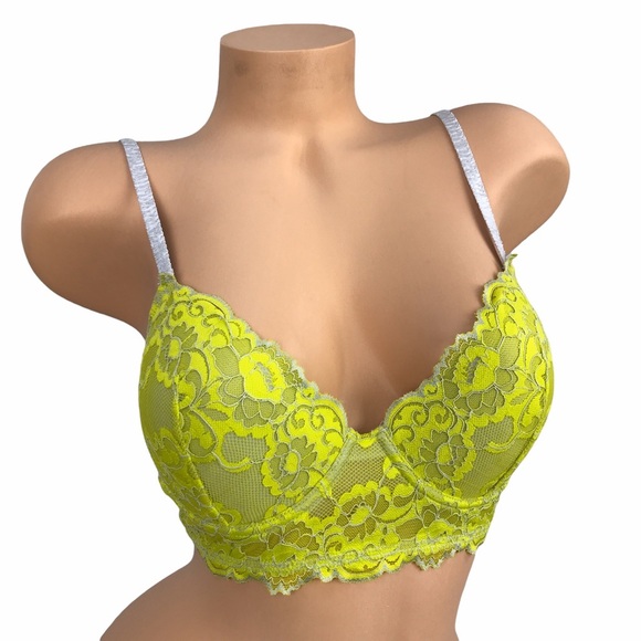 Josie Neon‎ Green 32D Contrast Lace Plunge Bralette Balconette Bra Unpadded - Picture 3 of 12